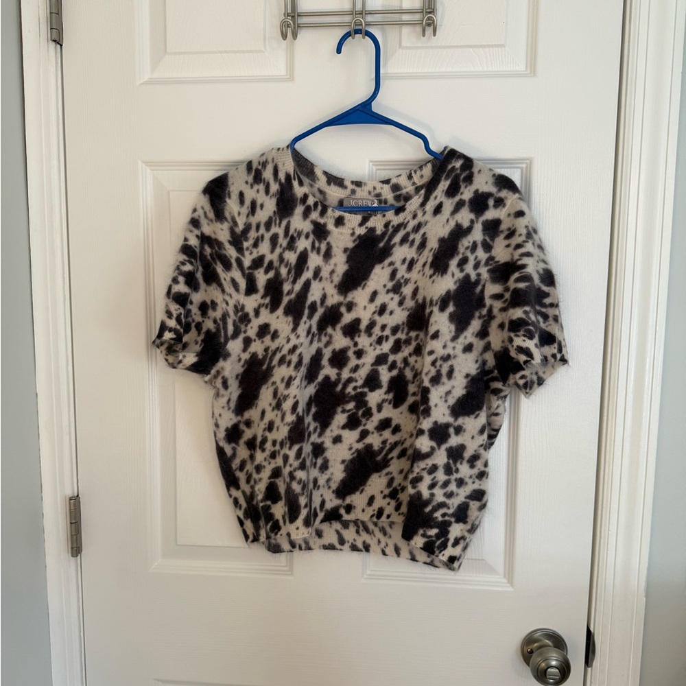 NWT J.Crew Brushed Cashmere T Shirt in Cow Print - Size L NEW